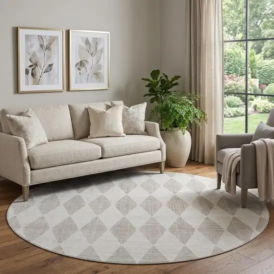 8' Beige And Ivory Diamond Washable Round Rug With UV Protection Photo 1