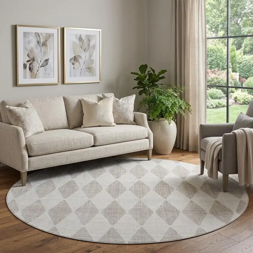 8' Beige And Ivory Diamond Washable Round Rug With UV Protection Photo 1