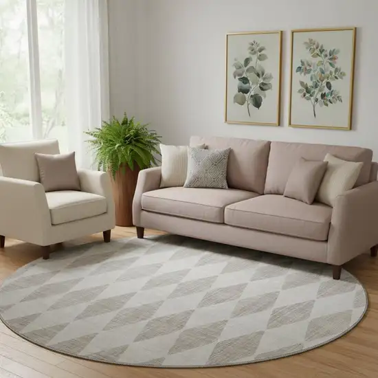 8' Beige And Ivory Diamond Washable Round Rug With UV Protection Photo 1