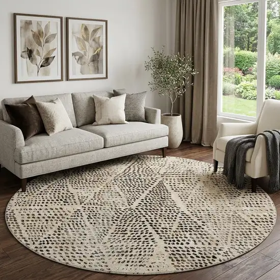 8' Beige And Ivory Diamond Washable Round Rug With UV Protection Photo 1