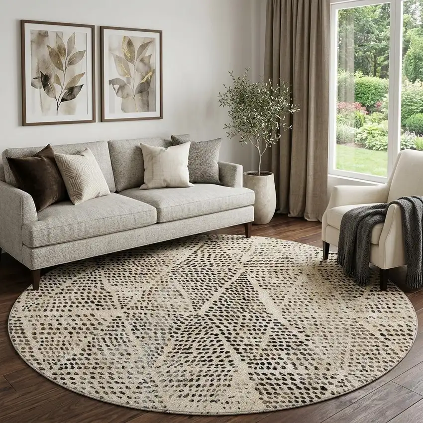 8' Beige And Ivory Diamond Washable Round Rug With UV Protection Photo 1