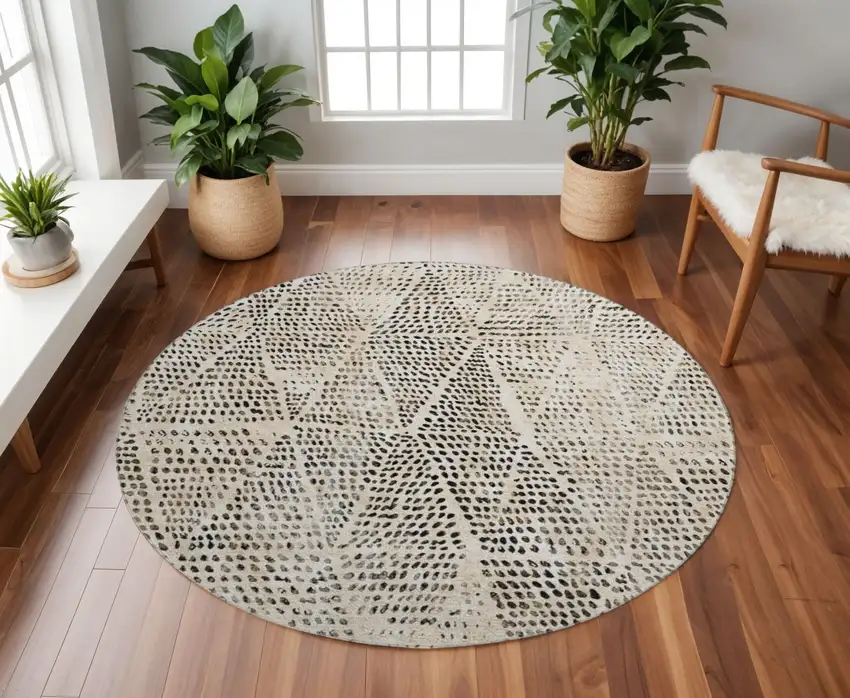 8' Beige And Ivory Diamond Washable Round Rug With UV Protection Photo 2