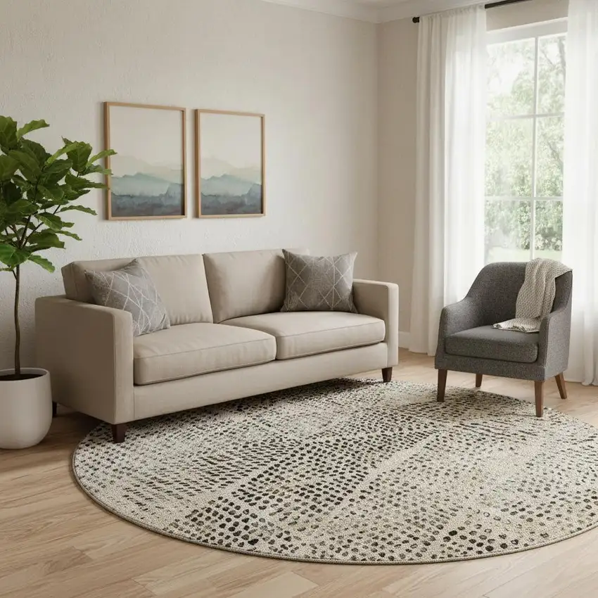 8' Beige And Ivory Diamond Washable Round Rug With UV Protection Photo 1