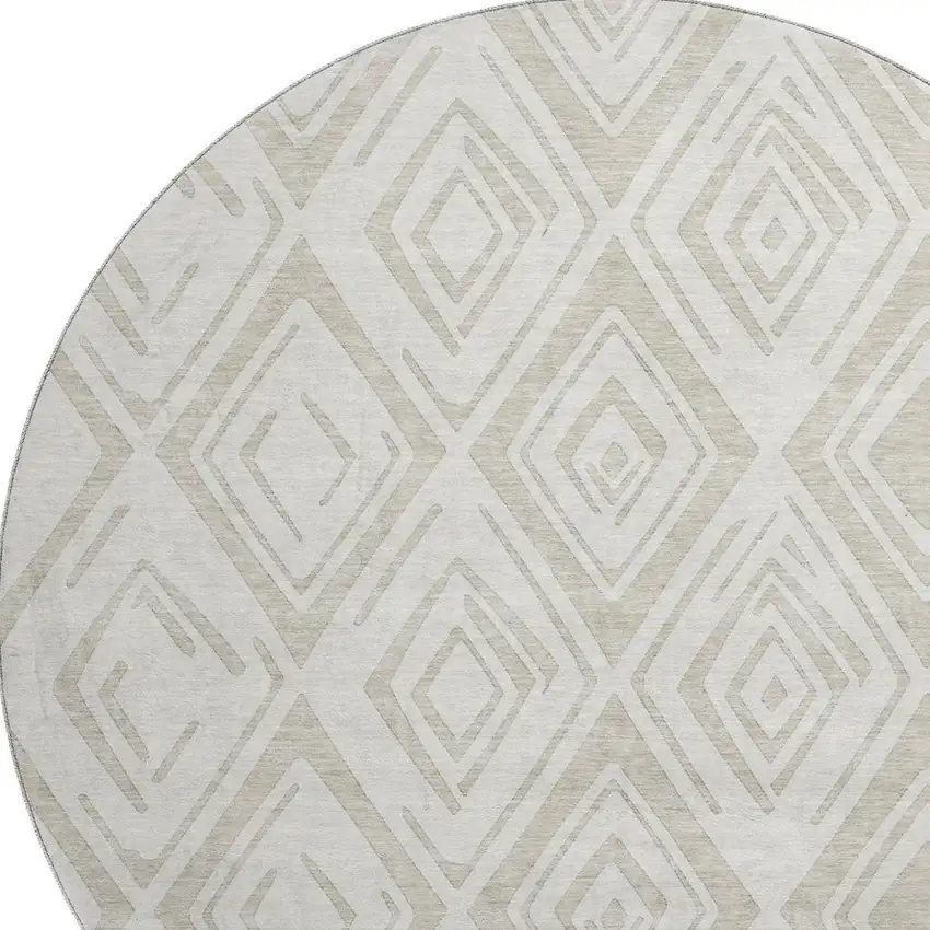 8' Beige And Ivory Diamond Washable Round Rug With UV Protection Photo 2