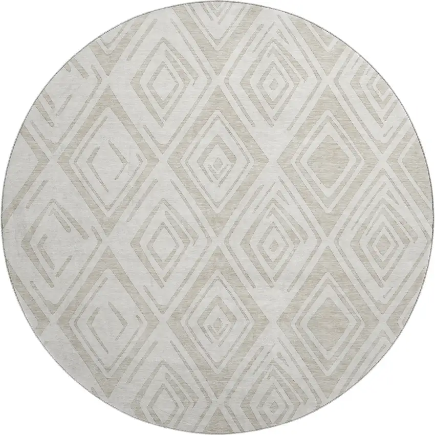 8' Beige And Ivory Diamond Washable Round Rug With UV Protection Photo 1
