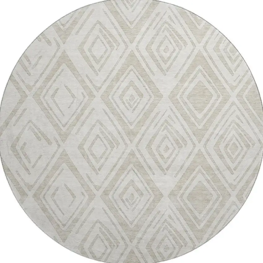 8' Beige And Ivory Diamond Washable Round Rug With UV Protection Photo 3