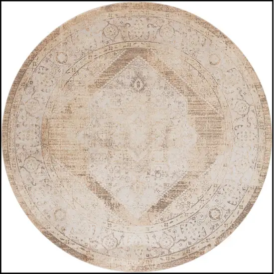 5' Beige And Ivory Floral Medallion Distressed Round Rug Photo 2