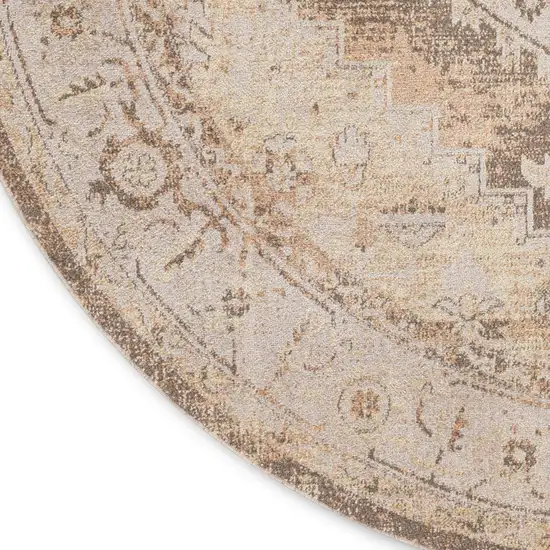 5' Beige And Ivory Floral Medallion Distressed Round Rug Photo 8