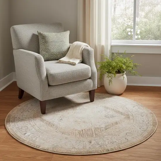 5' Beige And Ivory Floral Medallion Distressed Round Rug Photo 1