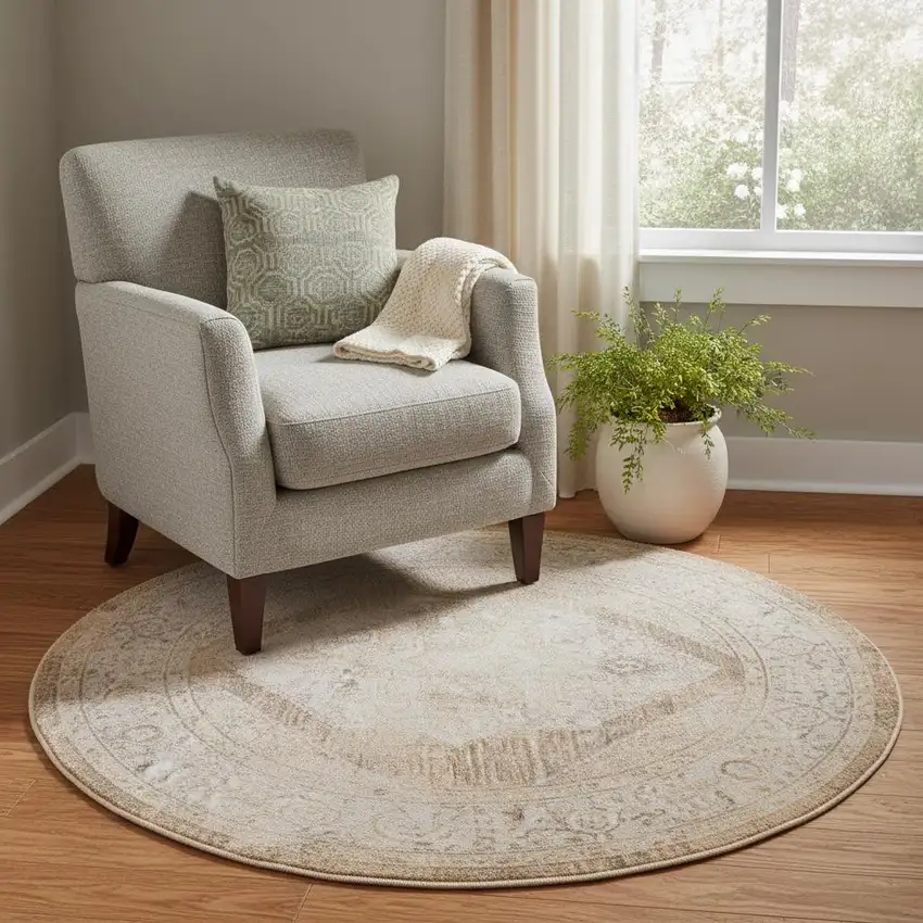 5' Beige And Ivory Floral Medallion Distressed Round Rug Photo 1