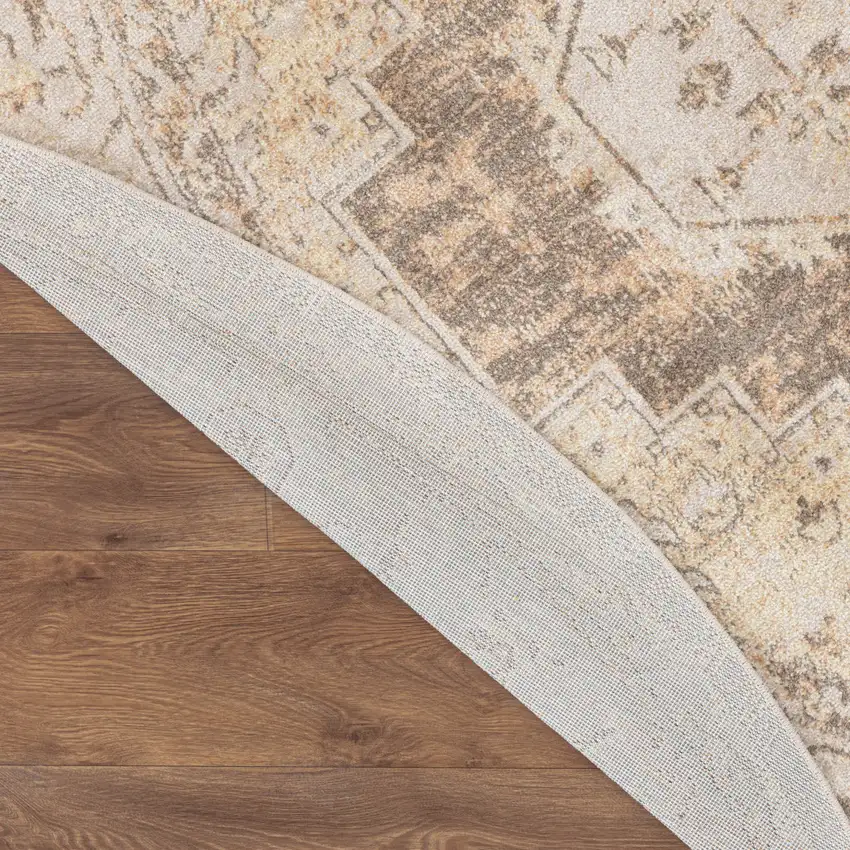 5' Beige And Ivory Floral Medallion Distressed Round Rug Photo 9