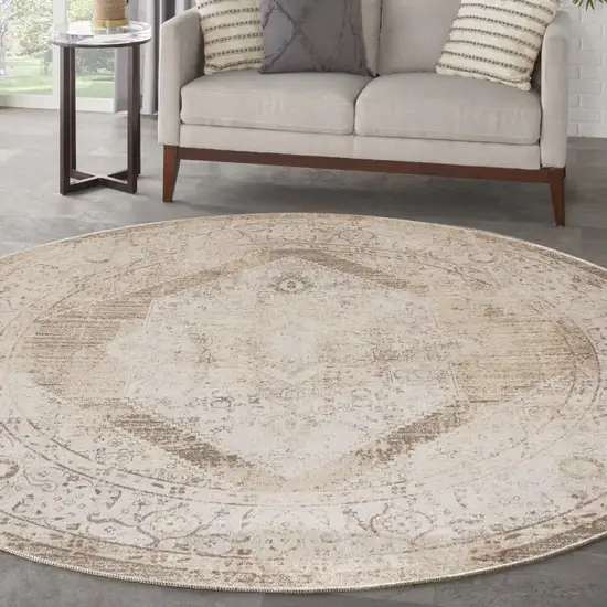5' Beige And Ivory Floral Medallion Distressed Round Rug Photo 5