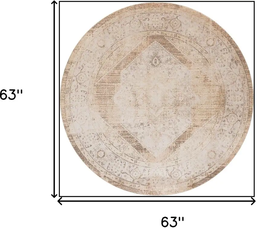 5' Beige And Ivory Floral Medallion Distressed Round Rug Photo 3