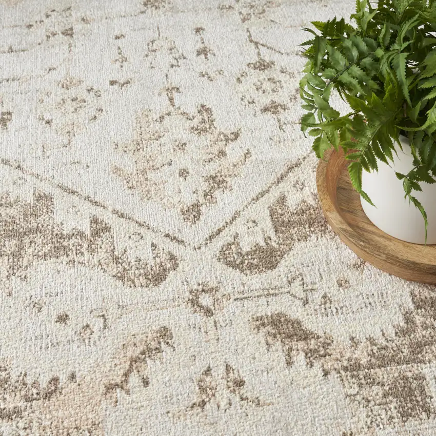 8' Beige And Ivory Floral Medallion Distressed Round Rug Photo 9