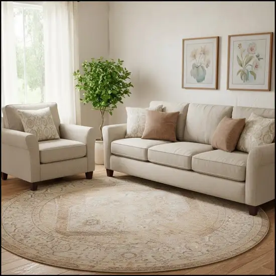 8' Beige And Ivory Floral Medallion Distressed Round Rug Photo 1