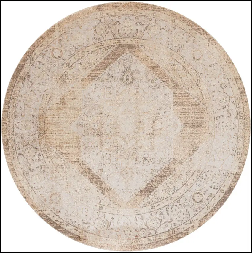 8' Beige And Ivory Floral Medallion Distressed Round Rug Photo 3