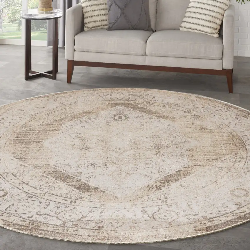 8' Beige And Ivory Floral Medallion Distressed Round Rug Photo 5