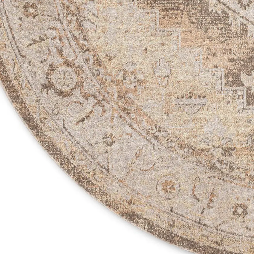 8' Beige And Ivory Floral Medallion Distressed Round Rug Photo 8