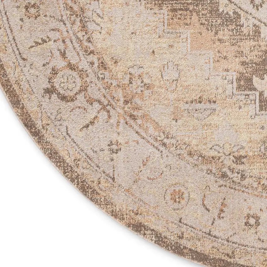 5' Beige And Ivory Floral Medallion Round Rug Photo 8