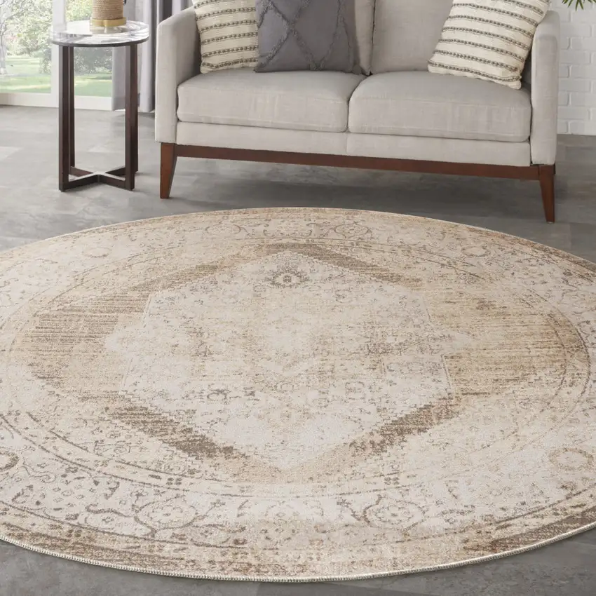 5' Beige And Ivory Floral Medallion Round Rug Photo 5