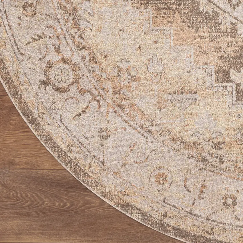 5' Beige And Ivory Floral Medallion Round Rug Photo 8