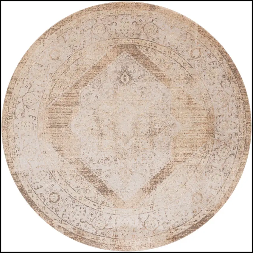 5' Beige And Ivory Floral Medallion Round Rug Photo 4