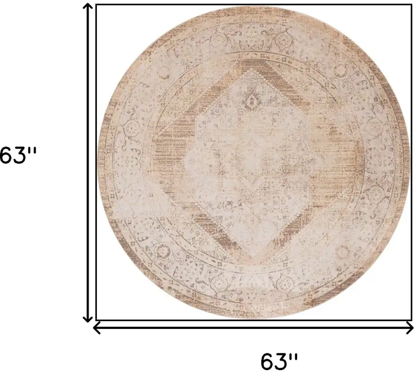 5' Beige And Ivory Floral Medallion Round Rug Photo 3