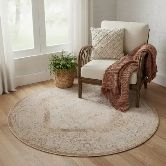 5' Beige And Ivory Floral Medallion Round Rug Photo 1