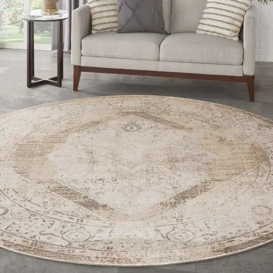 8' Beige And Ivory Floral Medallion Round Rug Photo 5