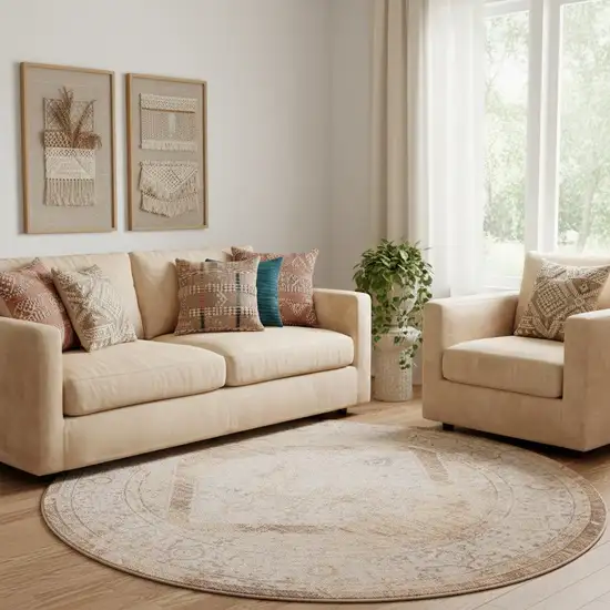 8' Beige And Ivory Floral Medallion Round Rug Photo 1