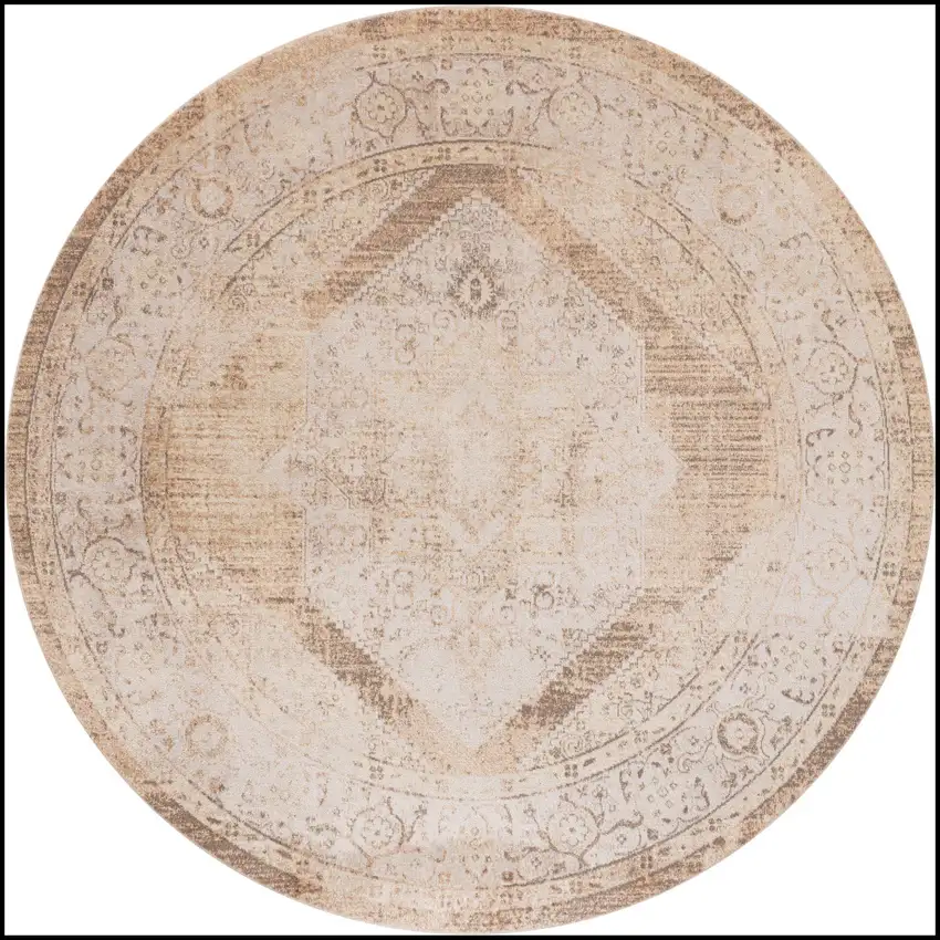 8' Beige And Ivory Floral Medallion Round Rug Photo 3