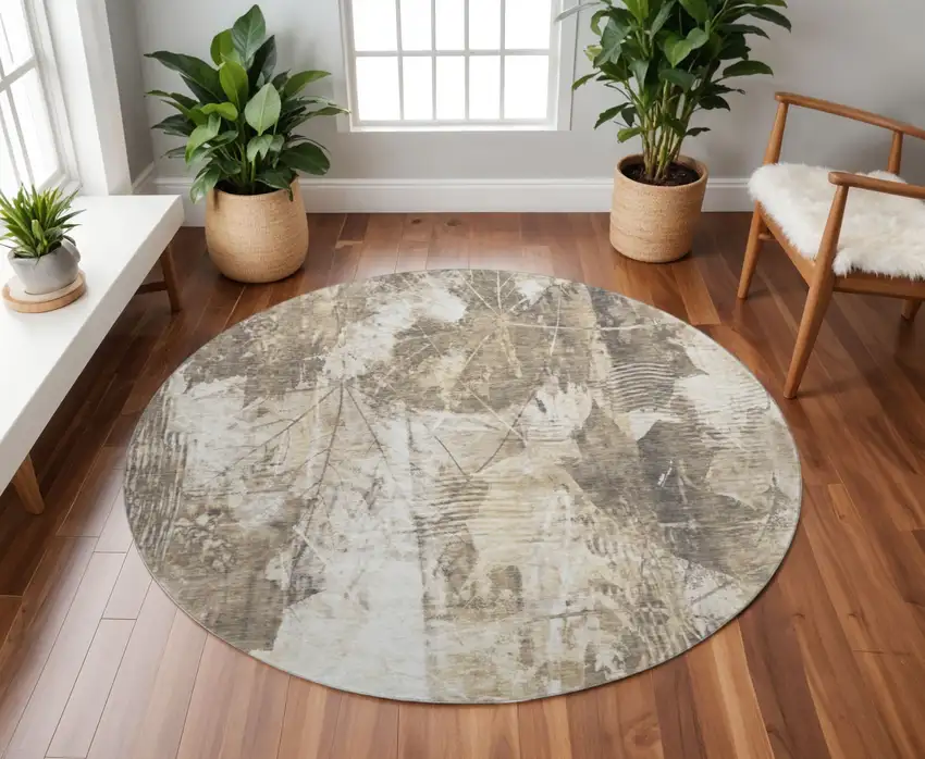 8' Beige And Ivory Floral Washable Round Rug With UV Protection Photo 2
