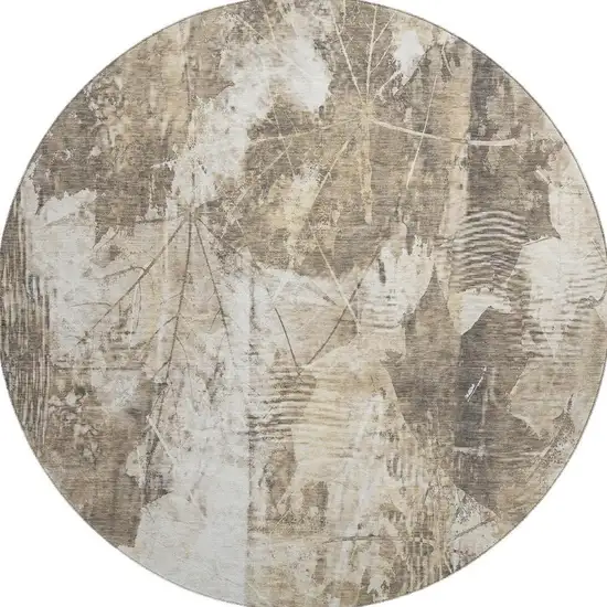 8' Beige And Ivory Floral Washable Round Rug With UV Protection Photo 3