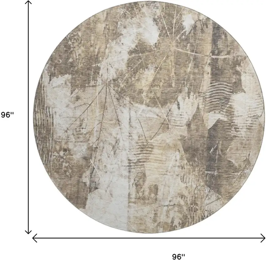 8' Beige And Ivory Floral Washable Round Rug With UV Protection Photo 9