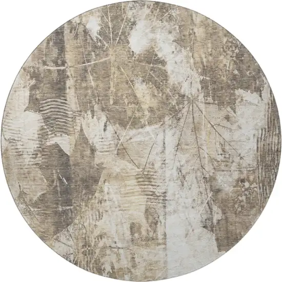 8' Beige And Ivory Floral Washable Round Rug With UV Protection Photo 4