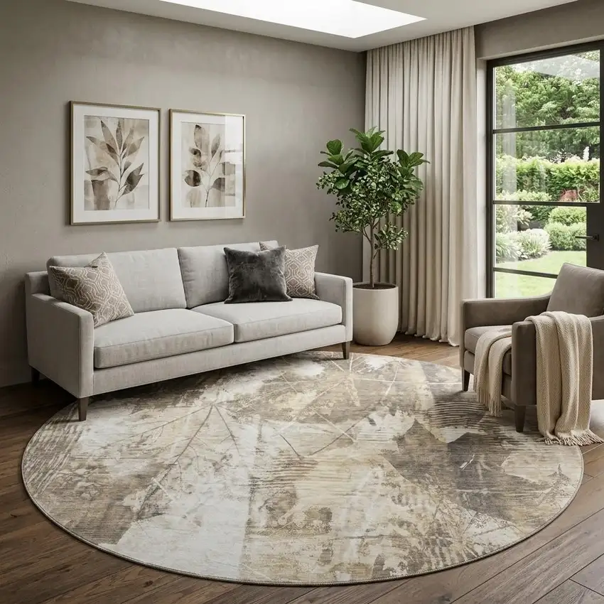8' Beige And Ivory Floral Washable Round Rug With UV Protection Photo 1
