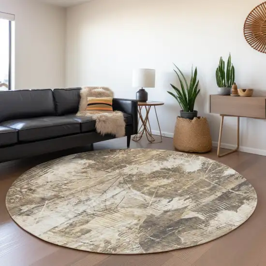 8' Beige And Ivory Floral Washable Round Rug With UV Protection Photo 5