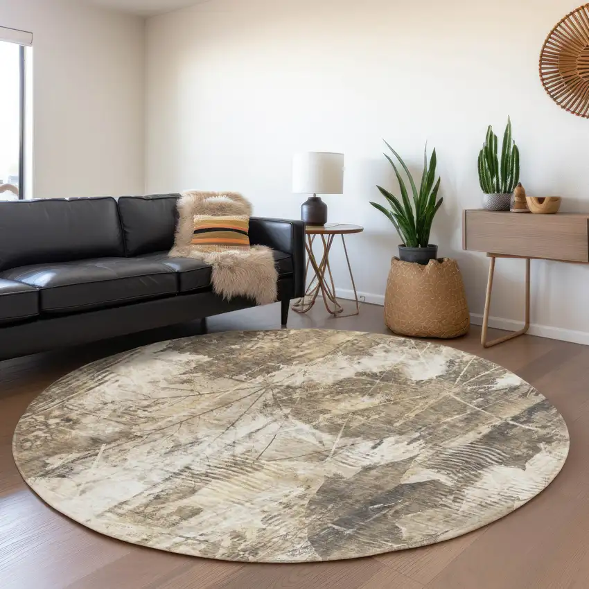 8' Beige And Ivory Floral Washable Round Rug With UV Protection Photo 5
