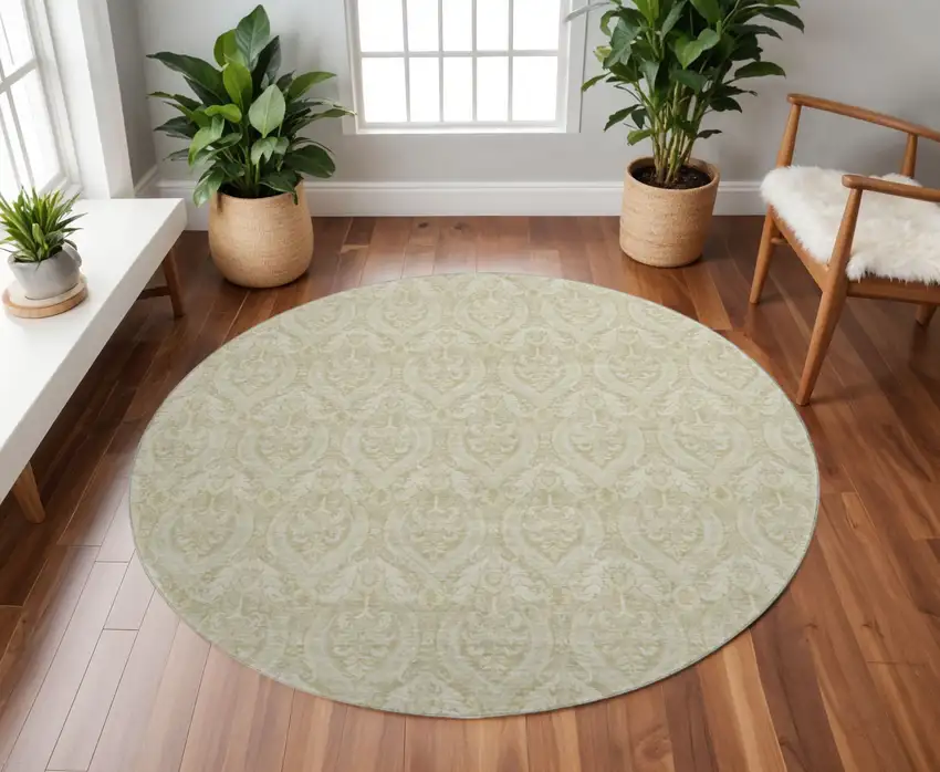 8' Beige And Ivory Floral Washable Round Rug With UV Protection Photo 2
