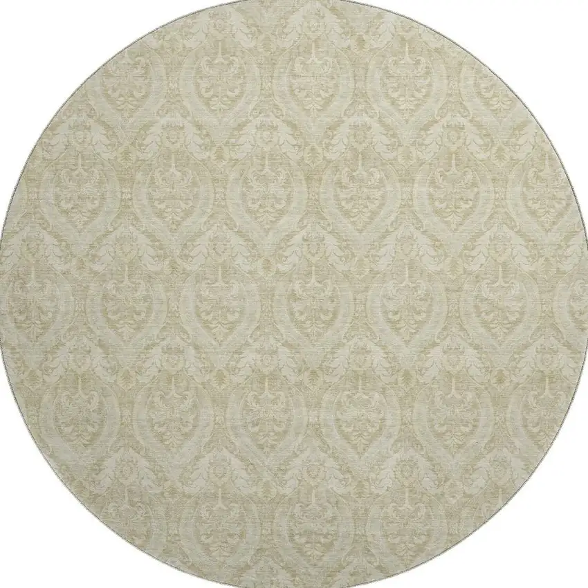 8' Beige And Ivory Floral Washable Round Rug With UV Protection Photo 4