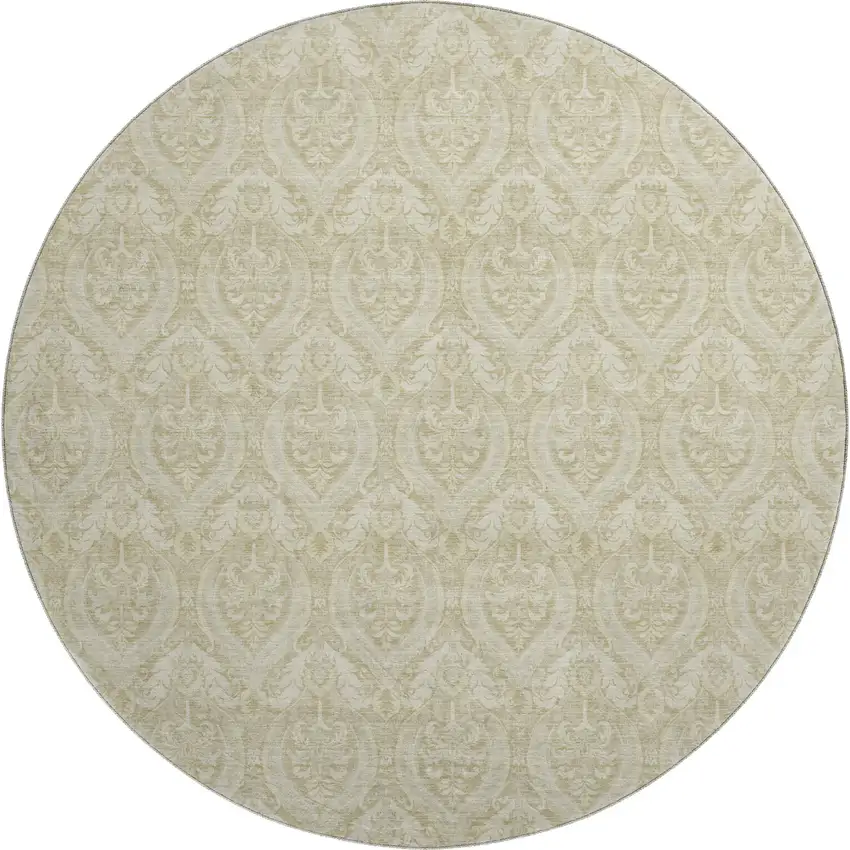 8' Beige And Ivory Floral Washable Round Rug With UV Protection Photo 1