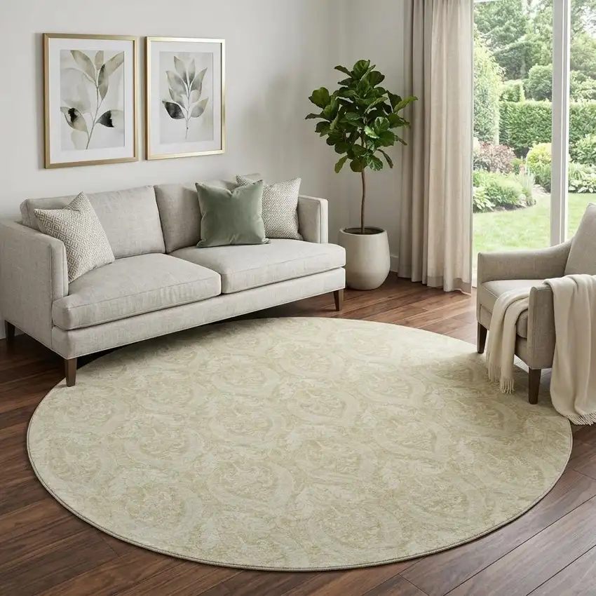 8' Beige And Ivory Floral Washable Round Rug With UV Protection Photo 1
