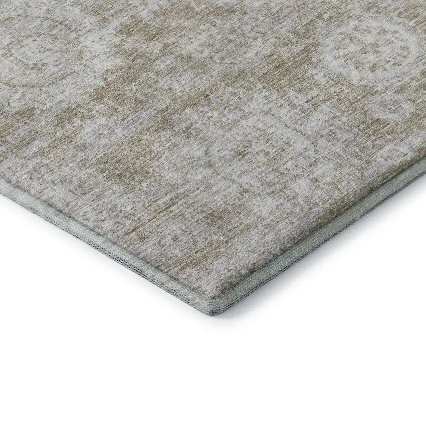 8' Beige And Ivory Floral Washable Round Rug With UV Protection Photo 6