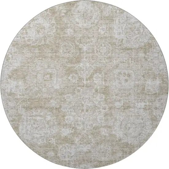 8' Beige And Ivory Floral Washable Round Rug With UV Protection Photo 3
