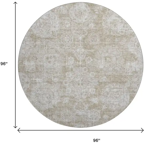 8' Beige And Ivory Floral Washable Round Rug With UV Protection Photo 9