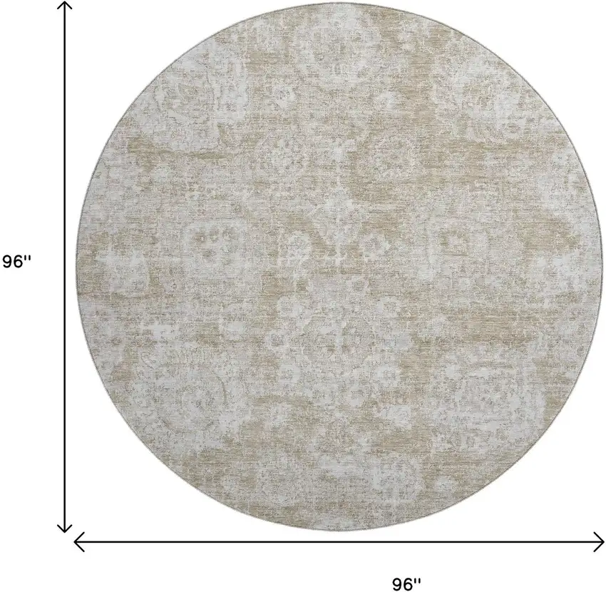 8' Beige And Ivory Floral Washable Round Rug With UV Protection Photo 9