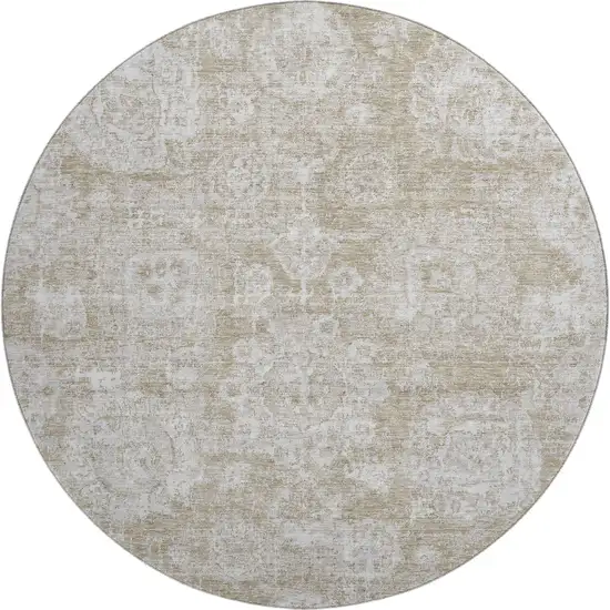 8' Beige And Ivory Floral Washable Round Rug With UV Protection Photo 1