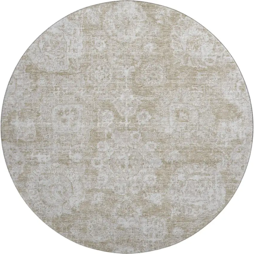8' Beige And Ivory Floral Washable Round Rug With UV Protection Photo 1