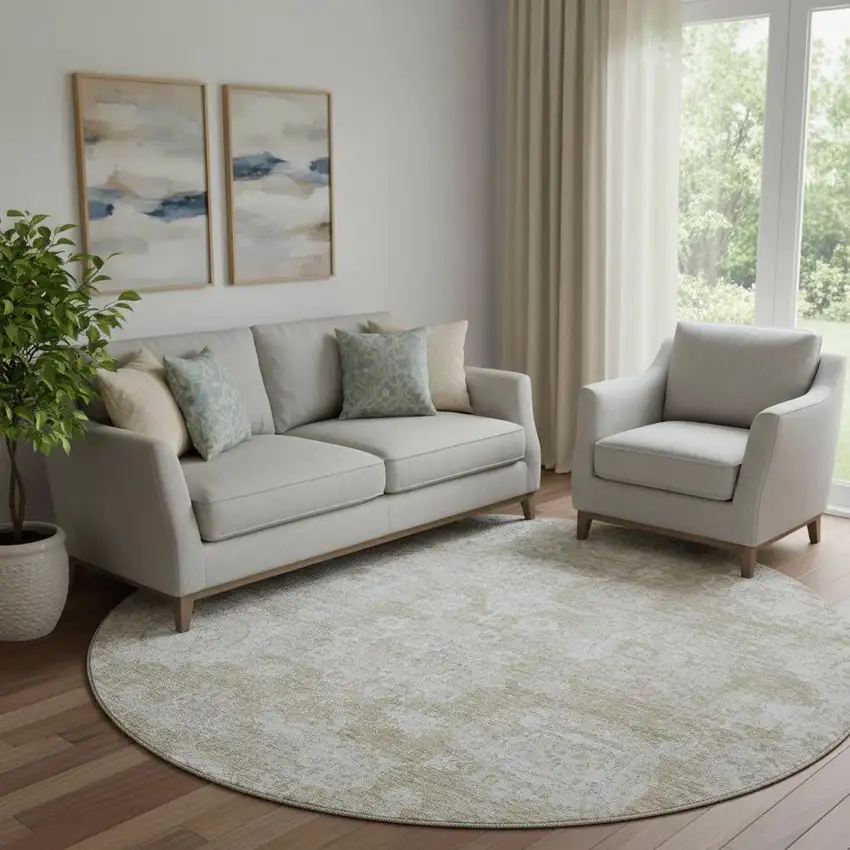 8' Beige And Ivory Floral Washable Round Rug With UV Protection Photo 1