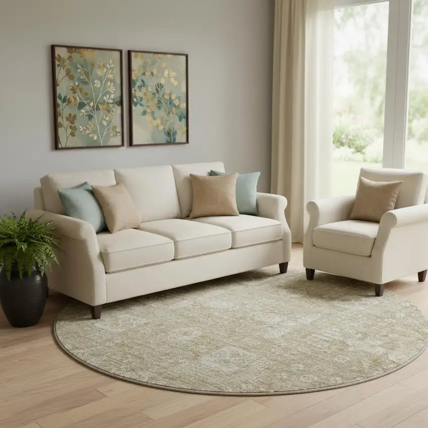 8' Beige And Ivory Floral Washable Round Rug With UV Protection Photo 1